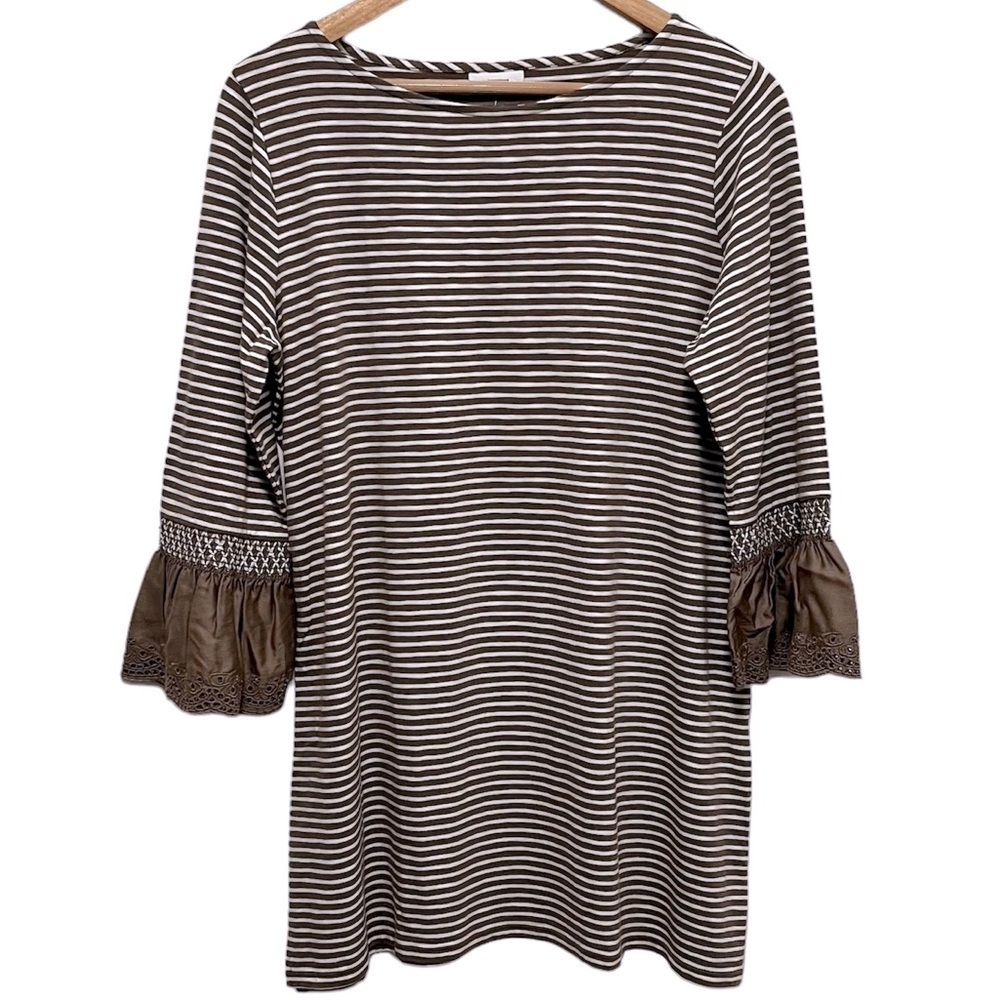 J JILL Modal Striped Georgia Bell Sleeve Tunic Top / Mini Dress In Latte & White